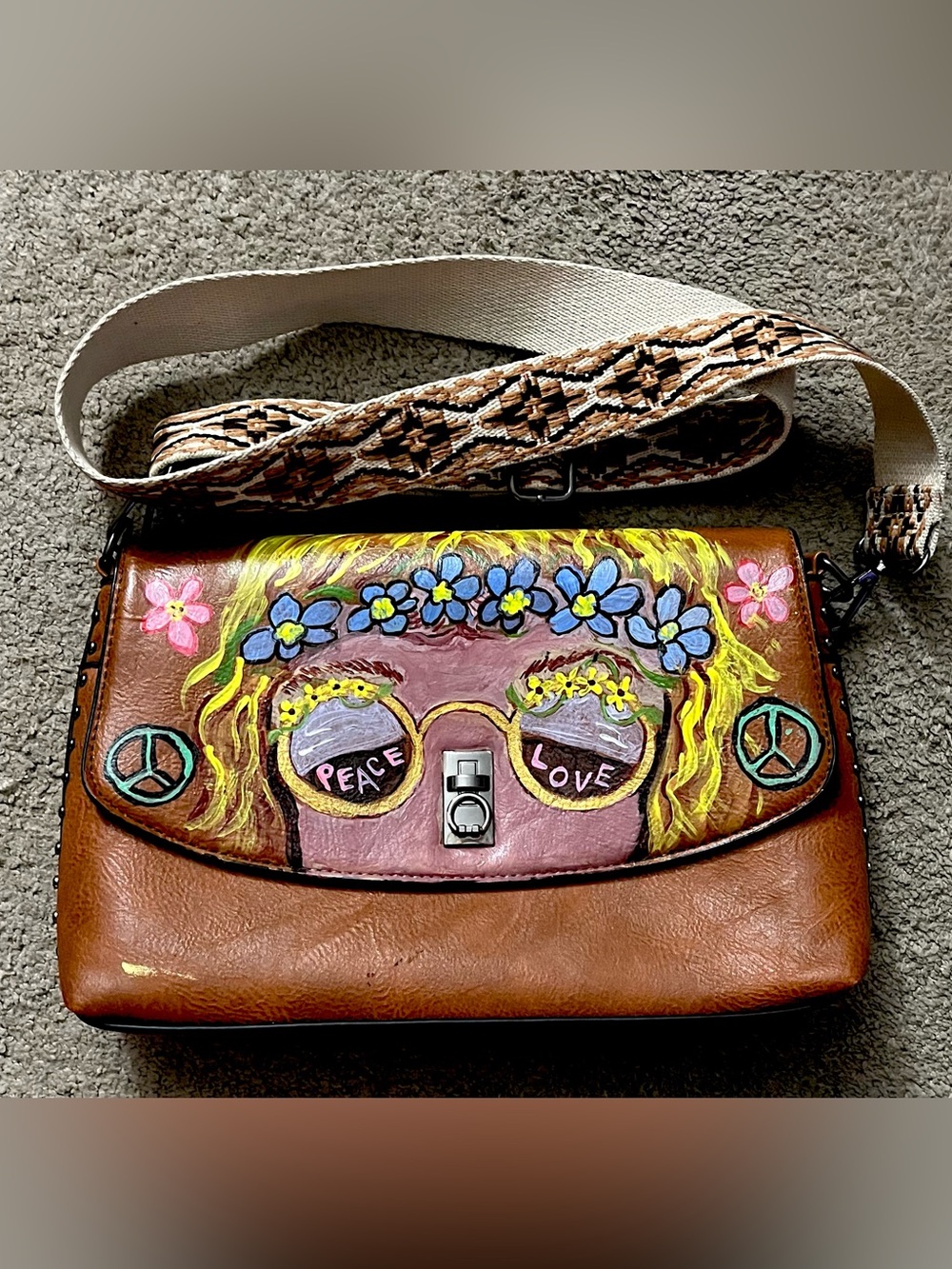 Hand-Painted Hippie Brown Faux Leather Crossbody Bag with Peace & Love Design